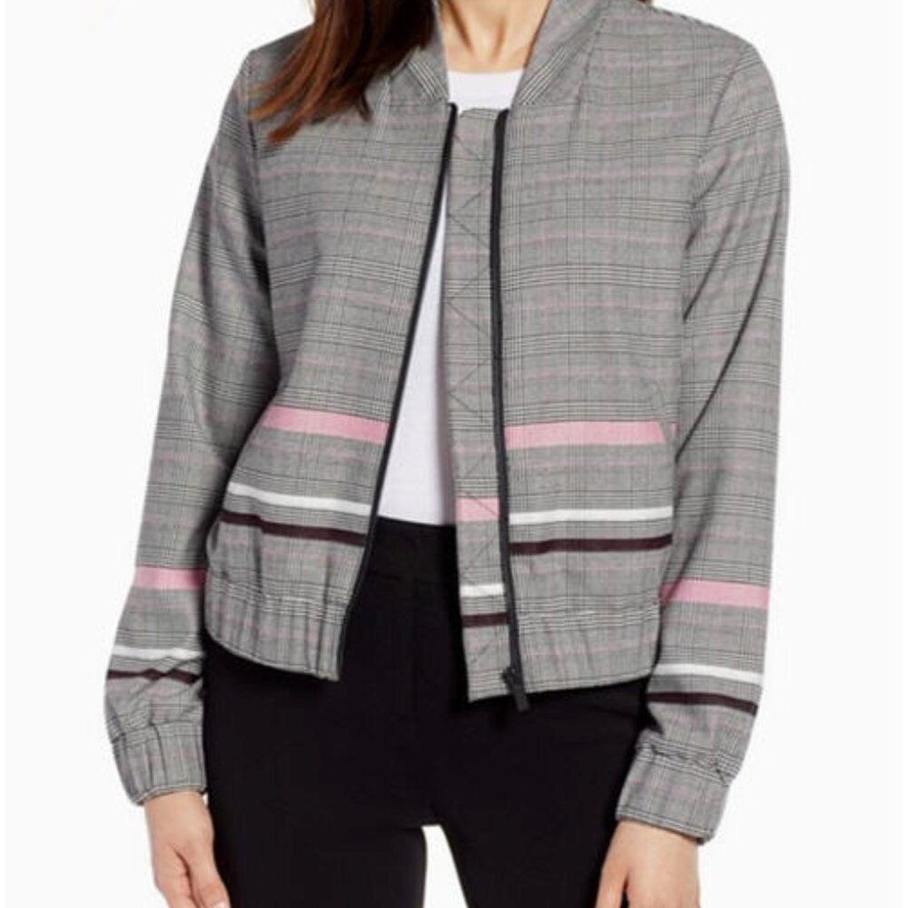 Halogen Black Pink Striped Check Glen Plaid Bomber Jacket Nwt  XXL